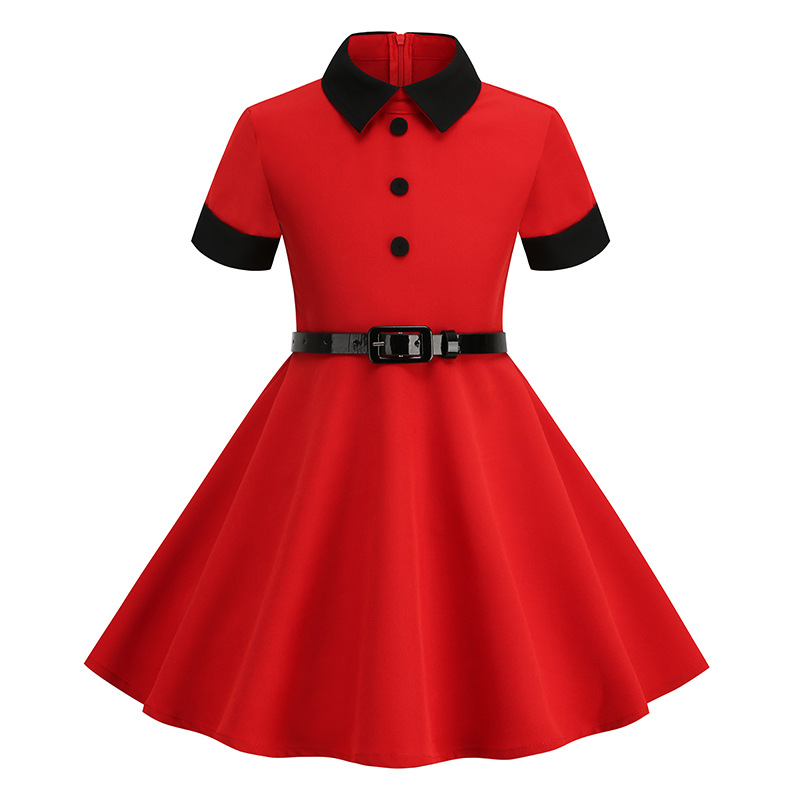 Amazon cross-border European and American Girls' Foreign trade dress short-sleeved belt stitching retro children's clothing dress