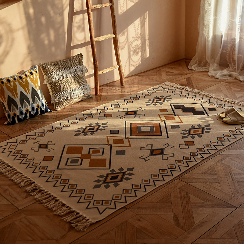 ins Bohemian Cotton and Linen Floor Mat Living Room Sofa Carpet Bedroom Bedside Foot Mat Long Tatami Mat Machine Washable