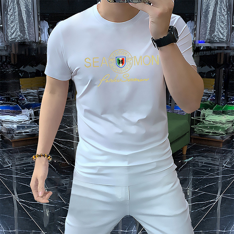 European high-end fashion brand short-sleeved T-shirt men's rhinestone letters summer new high-texture mercerized cotton light luxury men's clothing