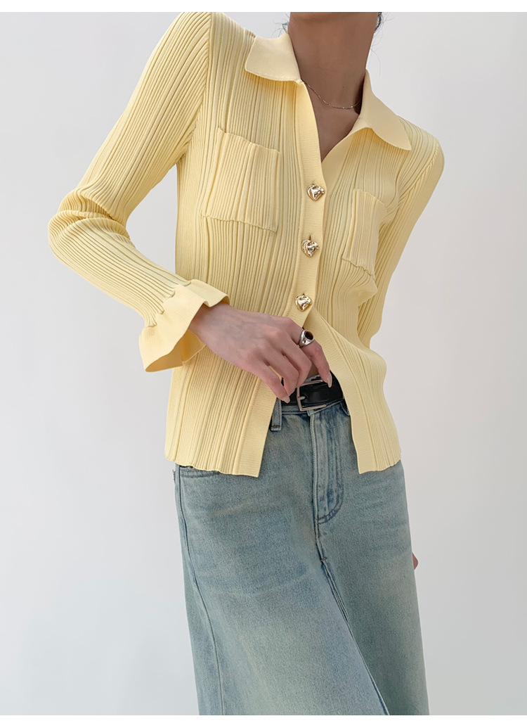 [Nouveauté le 21/03] Nouveau design Sense Split Knitted Jacket Cardigan jaune clair au printemps 2024_voghion.com