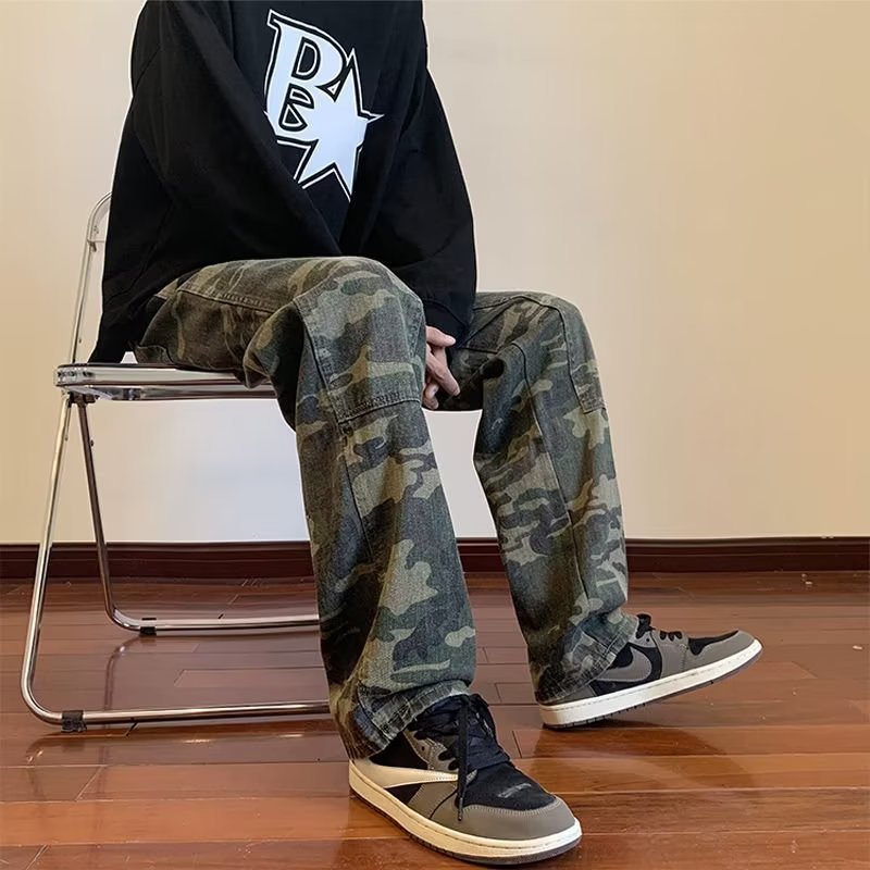 美式hiphop褲子ins高街潮牌迷彩牛仔褲男春秋寬鬆直筒闊腿vibe褲