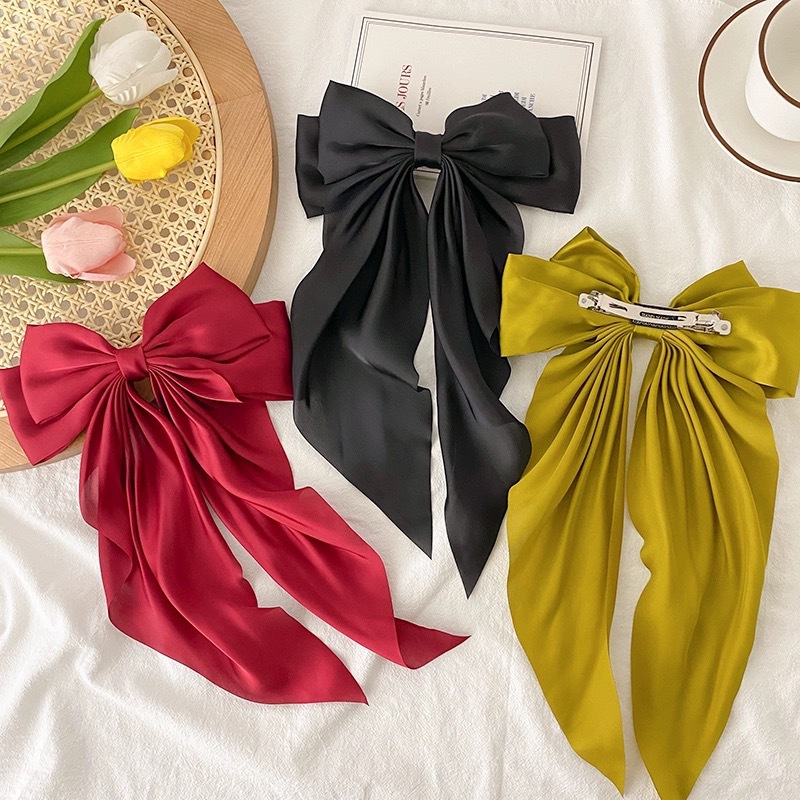 Cross-border satin ribbon bow hair accessories simple temperament female bow hairpin back head spring clip hairpin_voghion.com