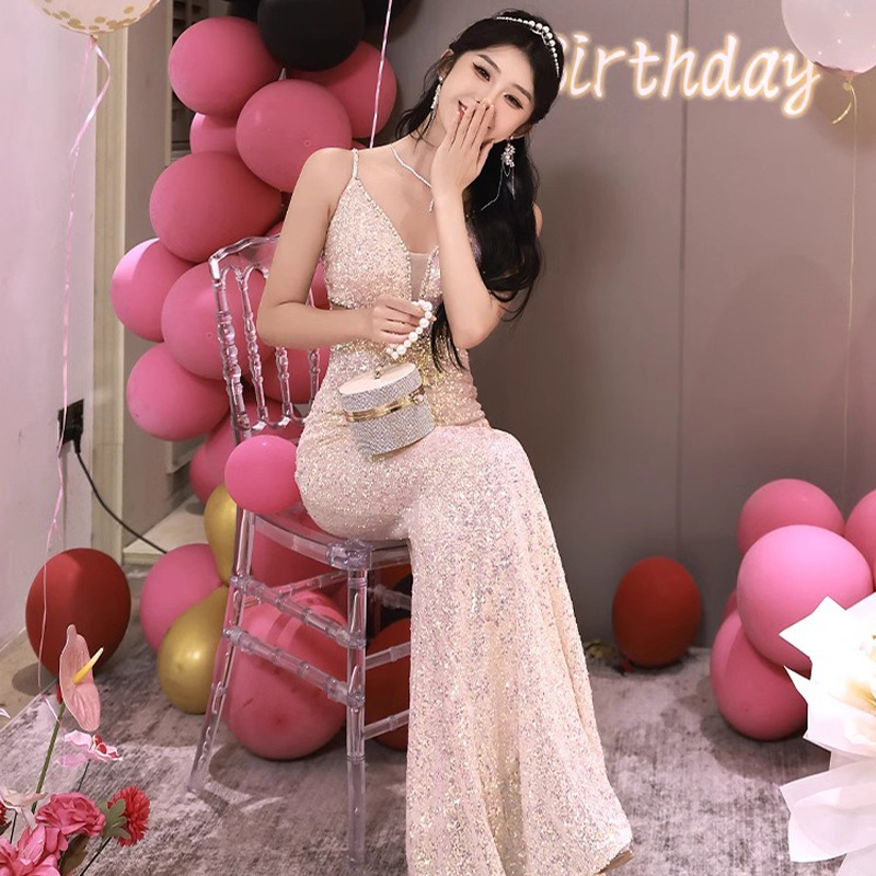 2024 evening dress Women's Light luxury high-end elegant socialite autumn and winter sequined toast dress bride high-end sense
