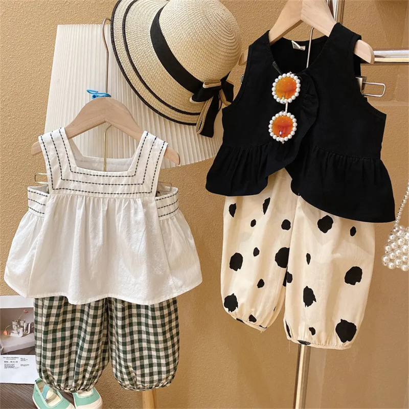 2022 Girls Summer Korean Style Western Style Children's Wear Sling Set New Fashionable Children's Bloomers Baby Two-piece Set