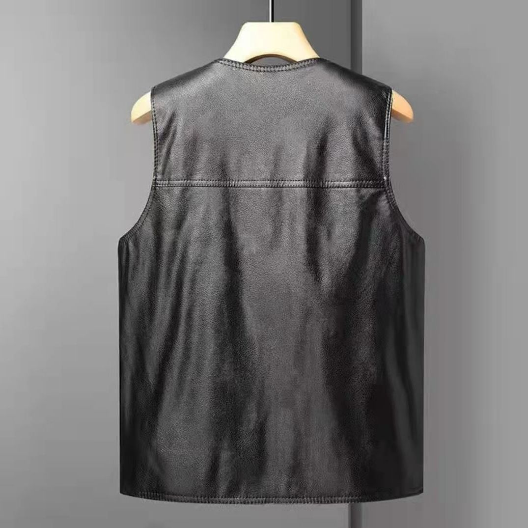 Autumn and Winter Middle-aged and Elderly Leather Vest Men's Warm Vest Fleece-lined Thickened Ma Jacket Loose Large-size Waistcoat for Dad