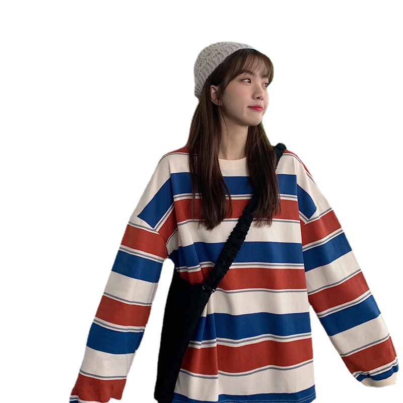 2021 Spring and Autumn New striped long-sleeved T-shirt women's fashionable ins loose top design sense plus size round neck bottoming shirt