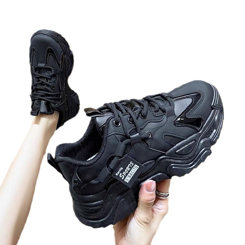Leather clunky sneakers for women 2023 New genuine leather platform women's shoes autumn and winter height increasing casual running shoes
