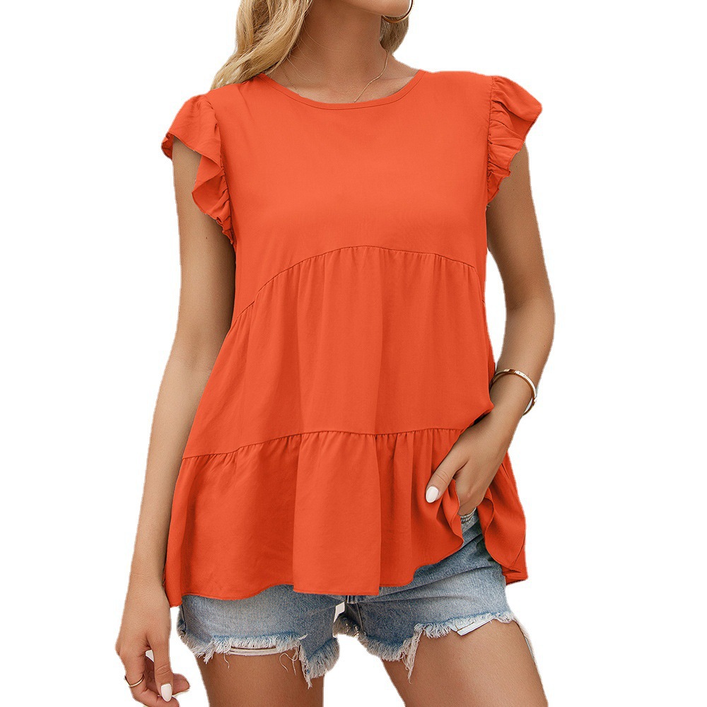 2023 Amazon wish Summer New Cross-border European and American Women's Loose Round Neck Ear Sleeve Short Sleeve Top for Women