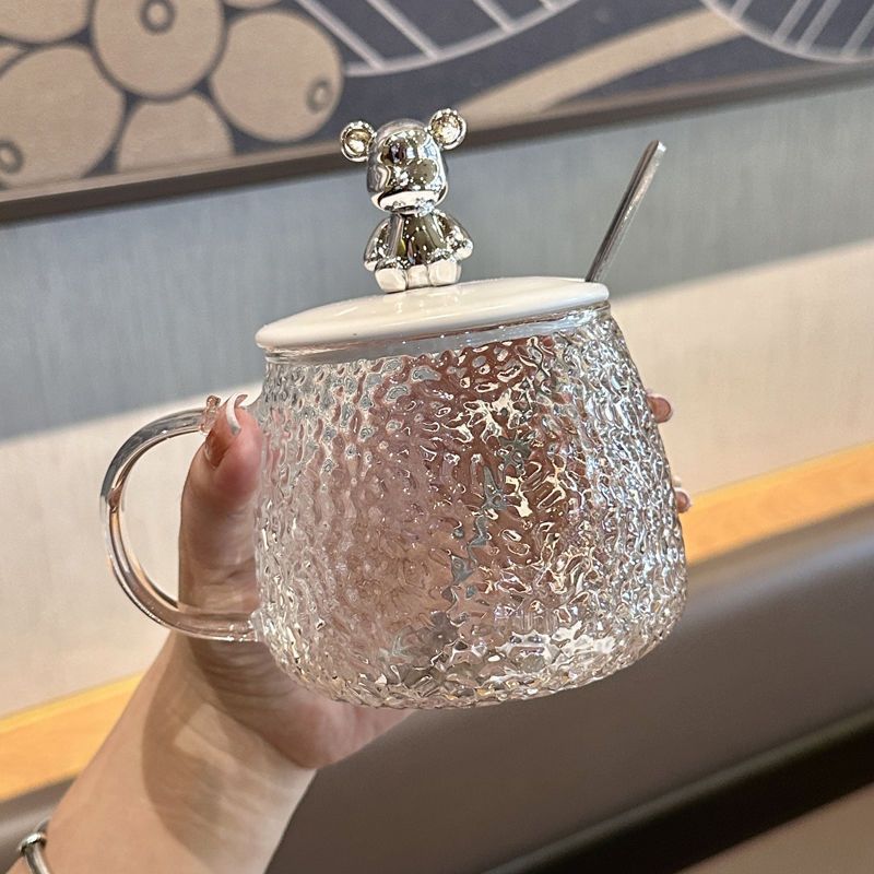 小熊玻璃杯高顏值ins百貨泡茶水杯辦公室伴手禮杯子帶蓋勺馬克杯