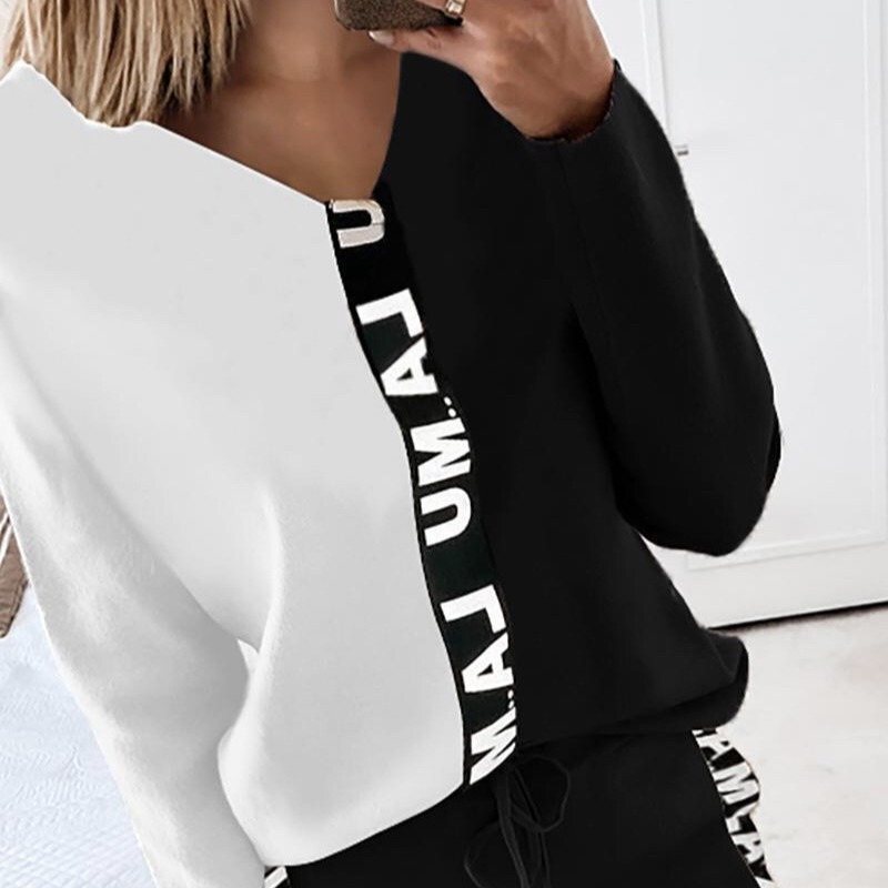 9882 Amazon European and American New Women's Wear Contrast Ribbon Stitching Long Sleeve T-Shirt Pencil Pants Casual Suit Women