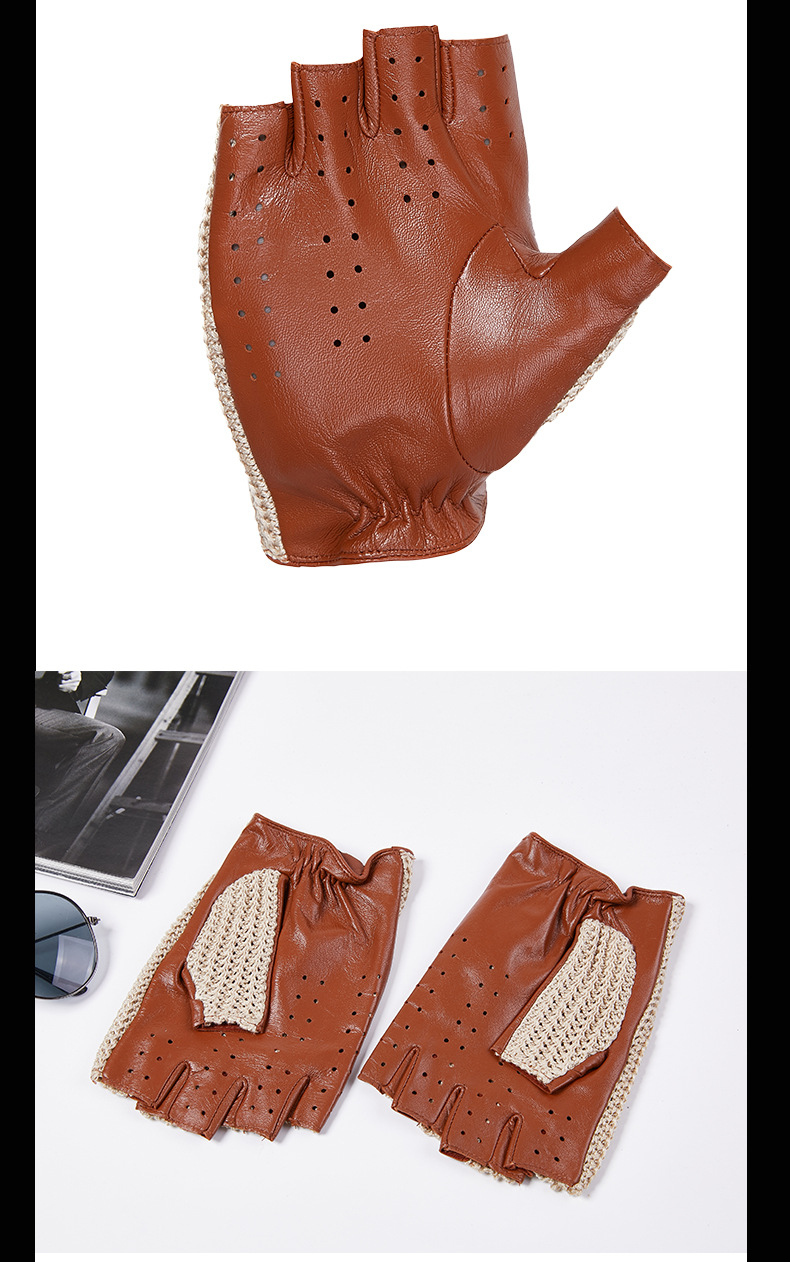 New Men's Half Finger Genuine Leather Gloves Woven Hand Back Autumn and Winter Anti-slip Motorcycle Motorcycle Sheepskin Thin_voghion.com