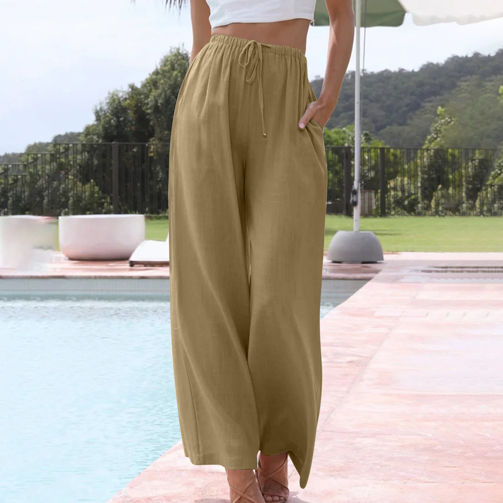 2023 spring and summer cotton and linen drawstring casual women's wide-leg trousers