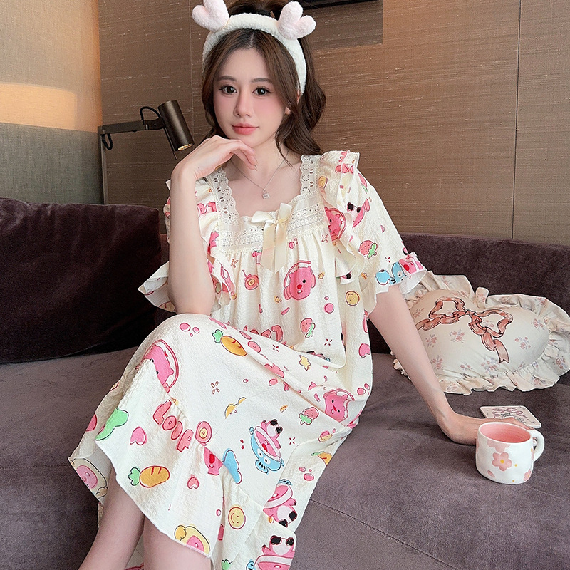 Summer Bubble Cotton Nightgown Women's Cute Sweet Princess Style Short-sleeved Mid-length Nightgown Plus Large Size Home Clothes