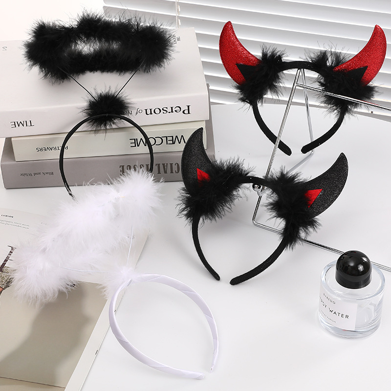 Halloween Christmas festival party dance performance hair accessories white feather angel ring headband devil horn headband - ShopShipShake