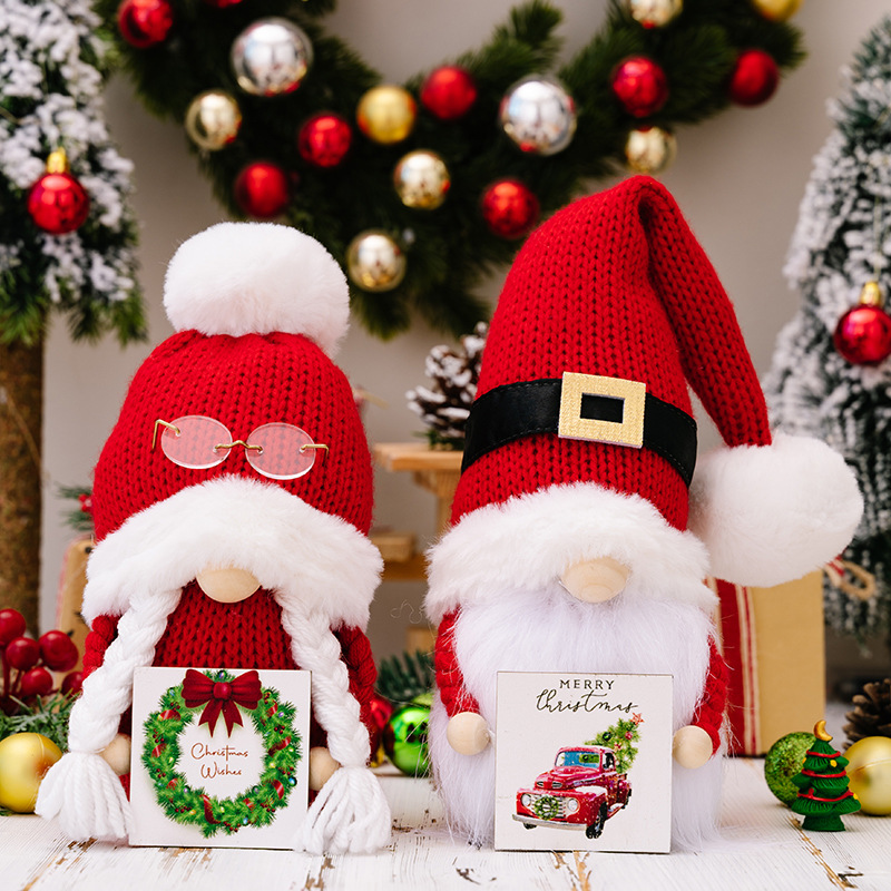 Haube Creative New Christmas Decorations Christmas Fur Ball Knitted Hat Holding Wooden Brand Rudolph Doll Dwarf