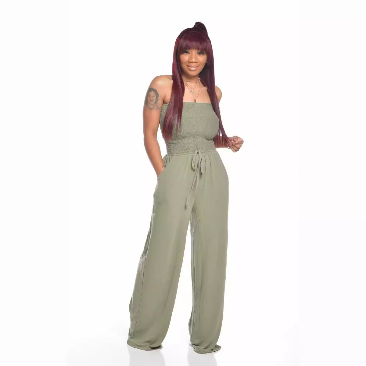 2023 Amazon cross-border new European and American women's casual flat shoulder wrapped chest wide leg jumpsuit