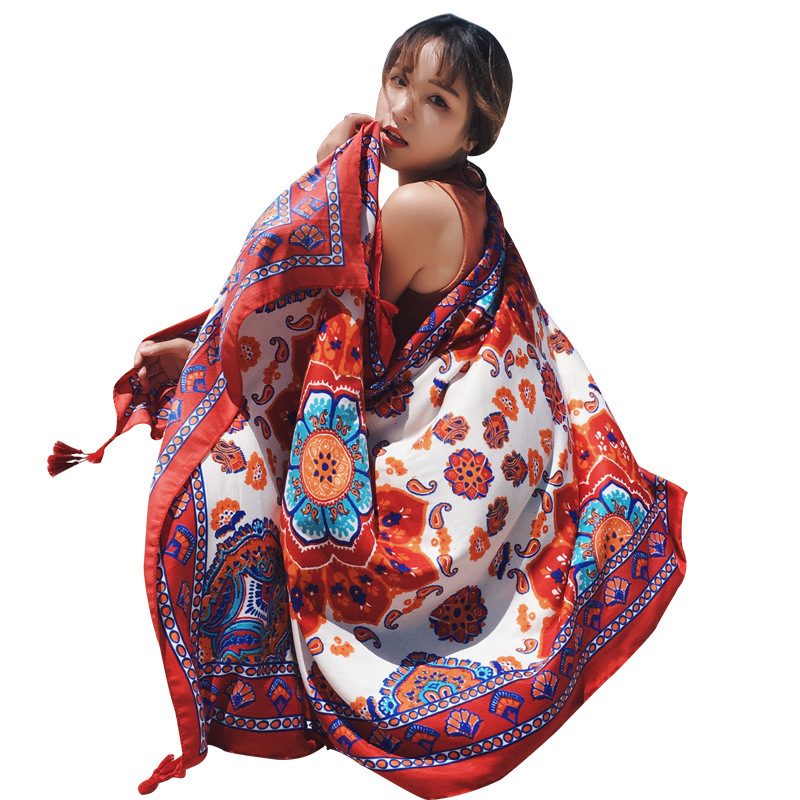 Little Red Book New Ethnic Style Scarf Summer Seaside Travel Sunshade Scarf Sunscreen Cotton Linen Printed Shawl Wholesale