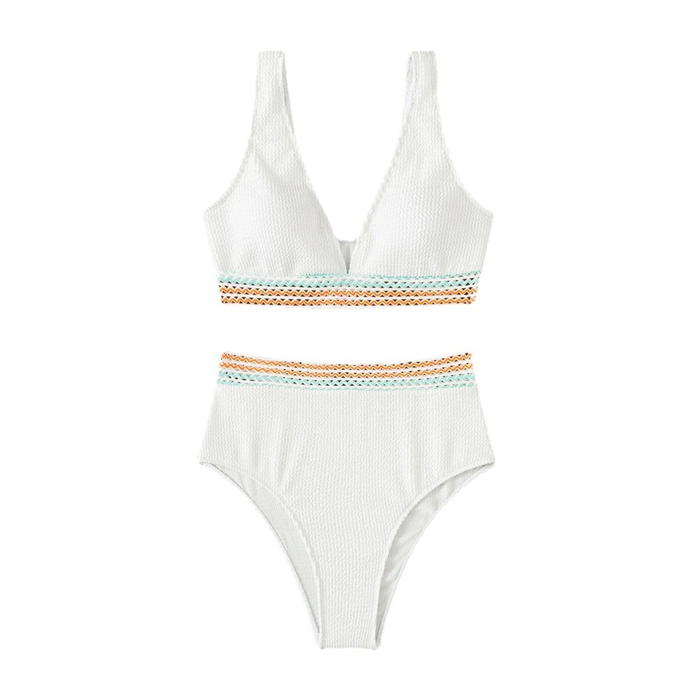 European and American Foreign Trade Swimsuit Women's Split High Waist Belt Stitching Solid Color Special Fabric Internet Celebrated swimsuit Bikini