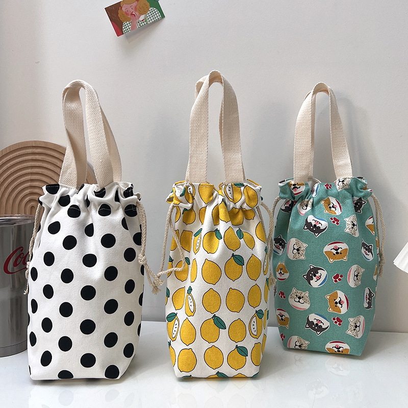 Vacuum cup cover universal portable canvas cute cartoon water cup cover portable storage small cloth bag with rope
