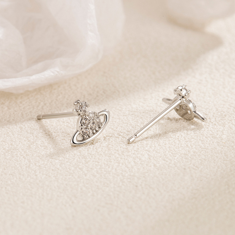Saturn Zircon stud earrings niche design unique 2023 popular full diamond mini earrings fashion small cute earrings