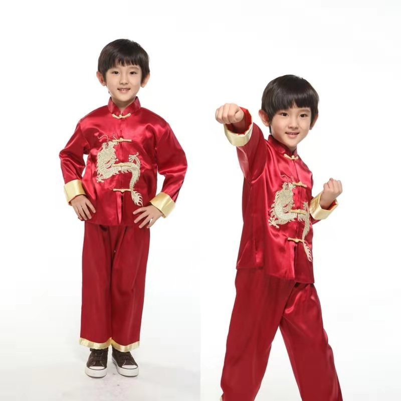 Chinese style embroidered dragon boy Tang suit Red Spring festival dress student performance clothing long sleeve trousers