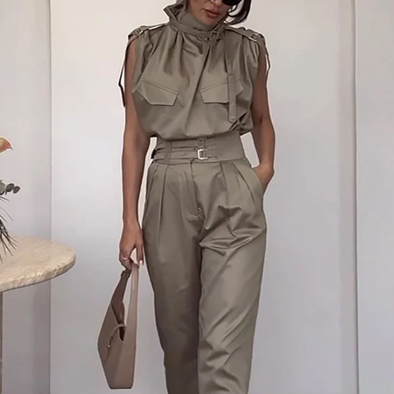 2023 Summer Europe and America Amazon cross-border foreign trade new personality shoulder line slimming waist belt decorative pants set