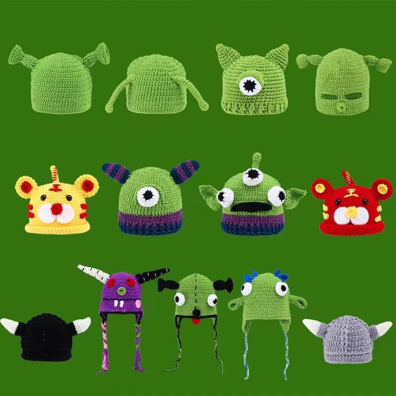 Green Shrek Cartoon Funny Cute Strawberry Headgear Knitted Wool Hat Winter