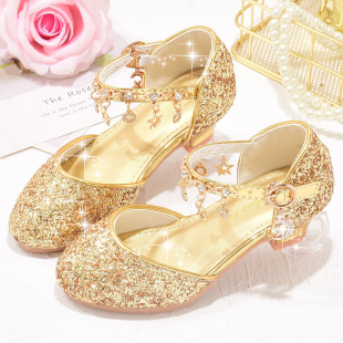 Manufacturers Girls Shoes Children Shiny Performance High Heels Gold Powder silver Four Seasons Big Children Princess Crystal Shoes
