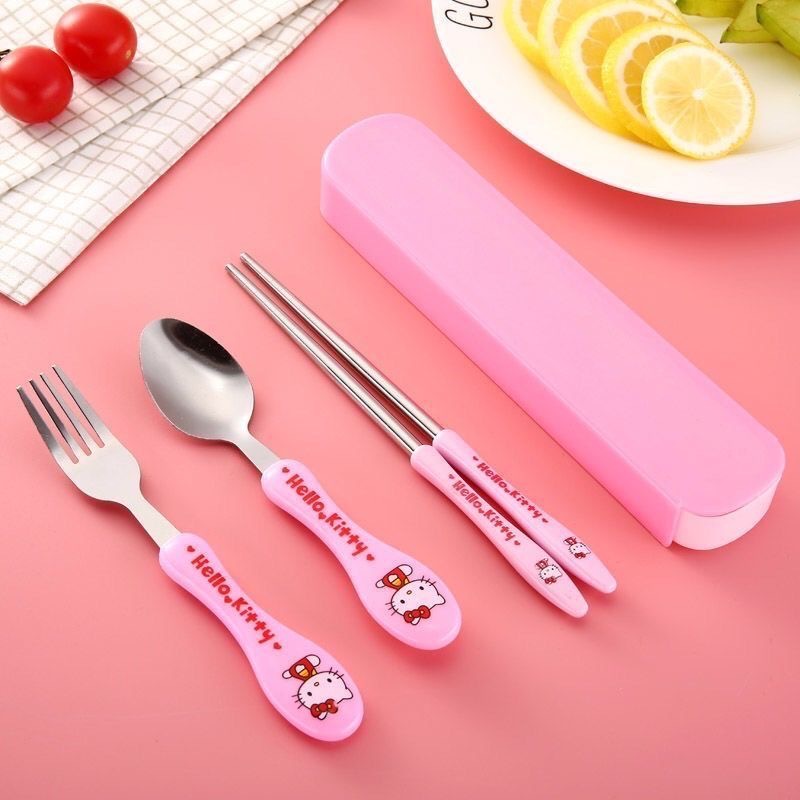 Three-piece portable stainless steel children's cartoon spoon and fork chopsticks travel cute drop-resistant tableware