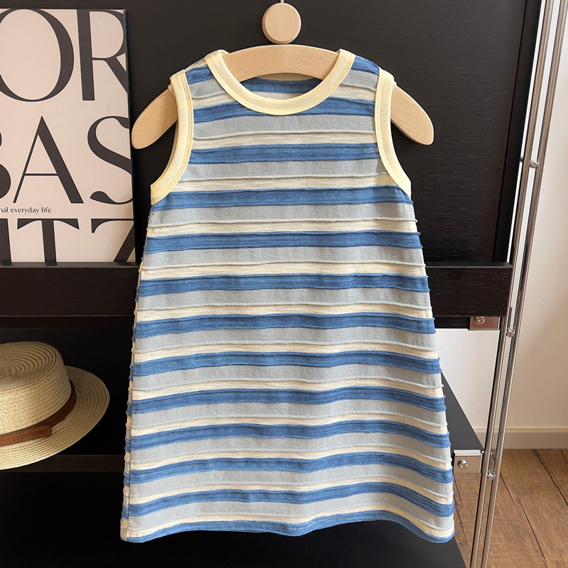 2024 Korean style new girls vest dress striped summer thin sleeveless loose loose dress for small and medium-sized children trendy