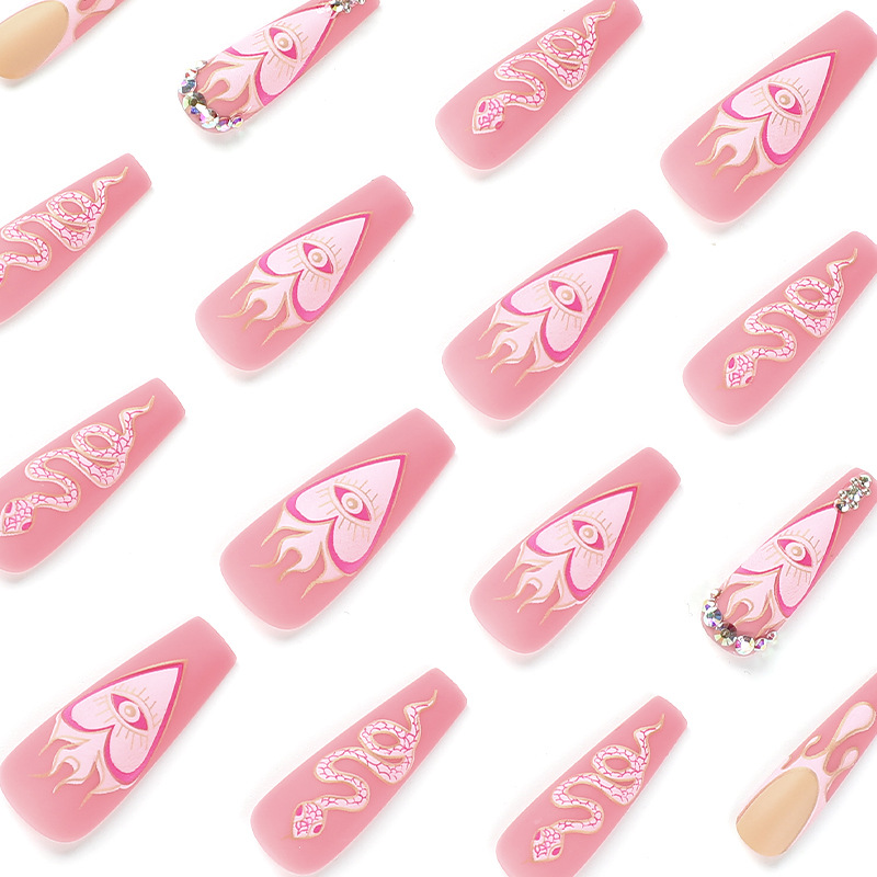 Wear Nail Frosted Pink French Water Drop Snake Pattern Rhinestone Nail Patch Wear Nail Art Finished Wholesale
