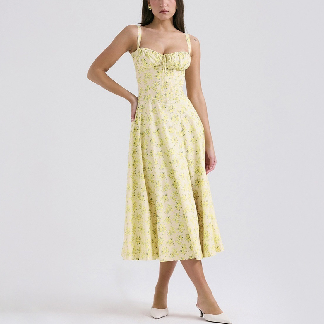 2024 Summer European and American New Women's Slim-fit Split Digital Printed Sling Dress Strap Waist Mid-length Dress