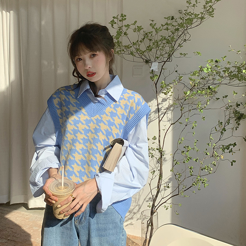 Hahnentritt-Weste Strickpullover 2022 Damen Herbst Neue koreanische lose Oberbekleidung Pullover Pullover Top_voghion.com