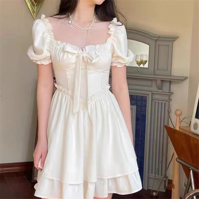 Dress Summer Pure Desire Dress 2022 New Square Collar Puff Sleeve Waist Slimming Super Fairy Sweet Solid Color Skirt for Women