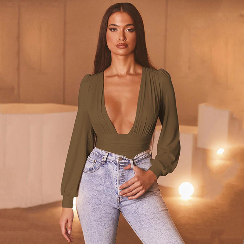 European and American style  spring new women's fashionable and sexy low-cut solid color slim long-sleeved jumpsuit for women