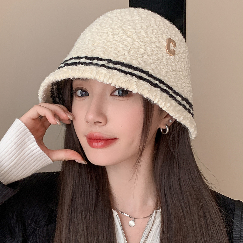 秋冬季顯臉小盆帽女 毛絨字母標保暖高級水桶帽女士戶外搭配帽子