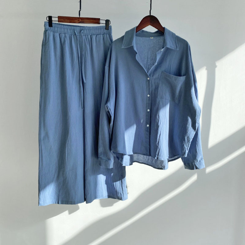 Cross-border Amazon Women's 2-piece Vintage Plus Size 2022 Cotton and Linen Shirt Set High Waist Loose Trousers