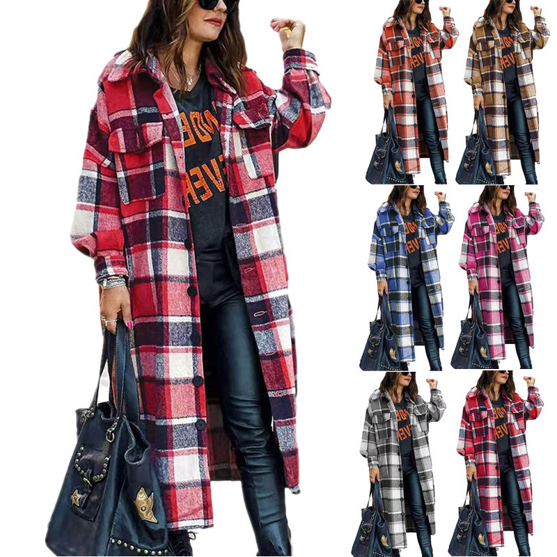 [Spot] Cross-border European and American Long Windbreaker Lapel Side Split Women's Woolen Plaid Coat Women's Coat