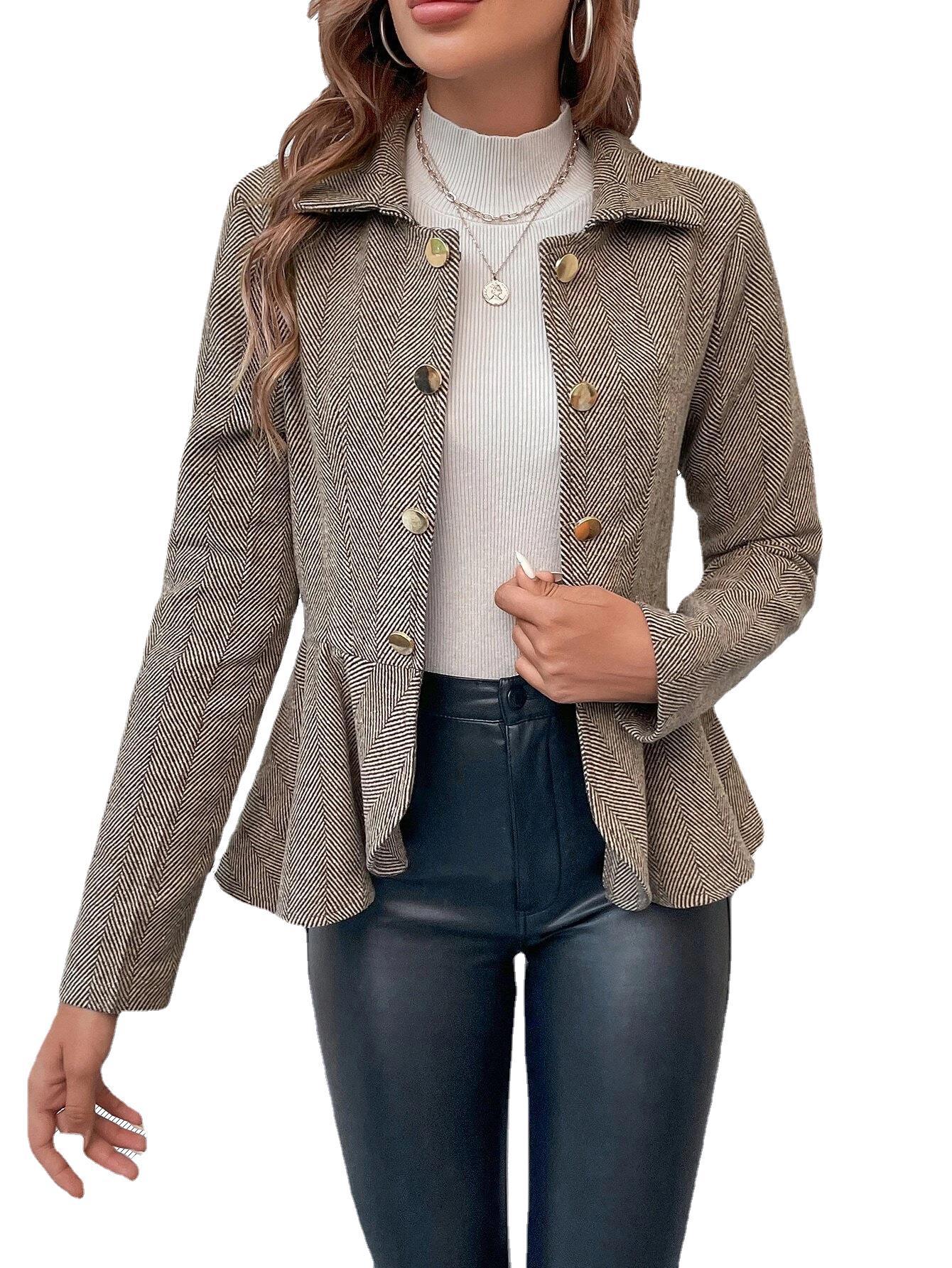 European and American Foreign Trade Cross-border Women's Lapel Jacquard Ruffled Slim-fit Double-breasted Elegant Office Blazer Women