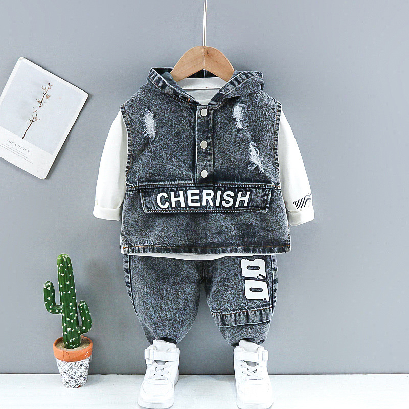 Children's clothing for boys and girls spring and autumn trend new denim vest jeans three-piece baby recommended set Wholesale