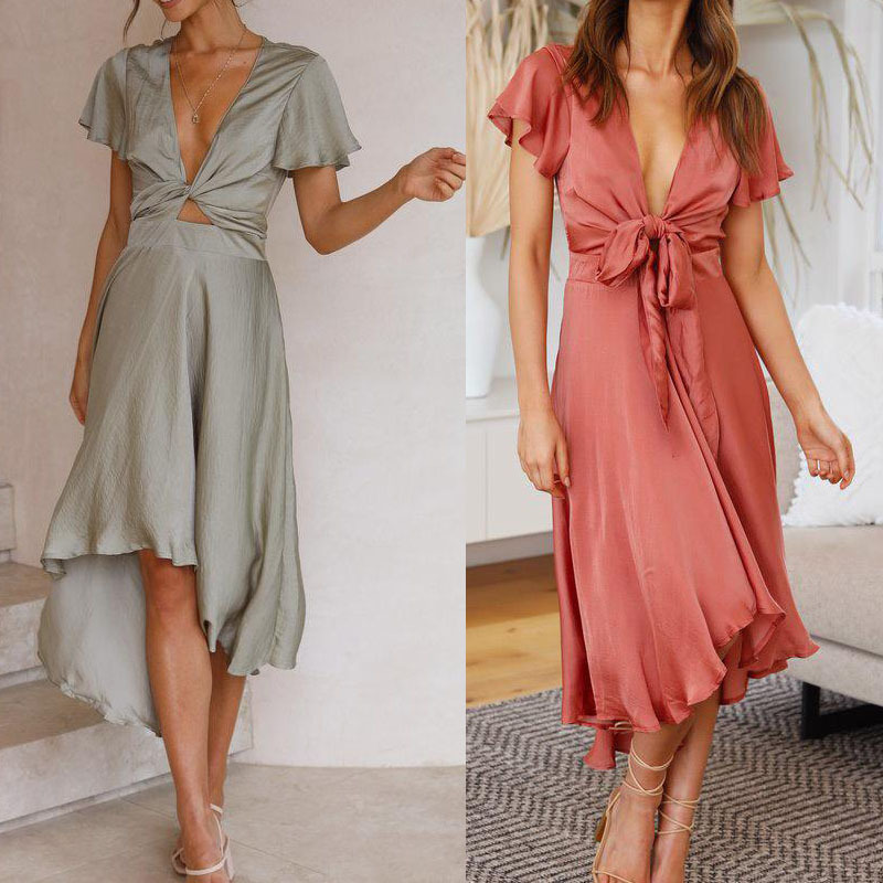 2023 Summer Sexy Temperament Women's Short-sleeved V-neck Irregular Skirt Dress