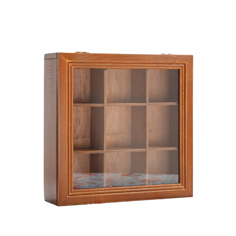 Nordic Vintage Wooden Desktop Finishing Jewelry Storage Box with Flip Cover Six-Palace Printed Glass Cover Storage Wooden Box