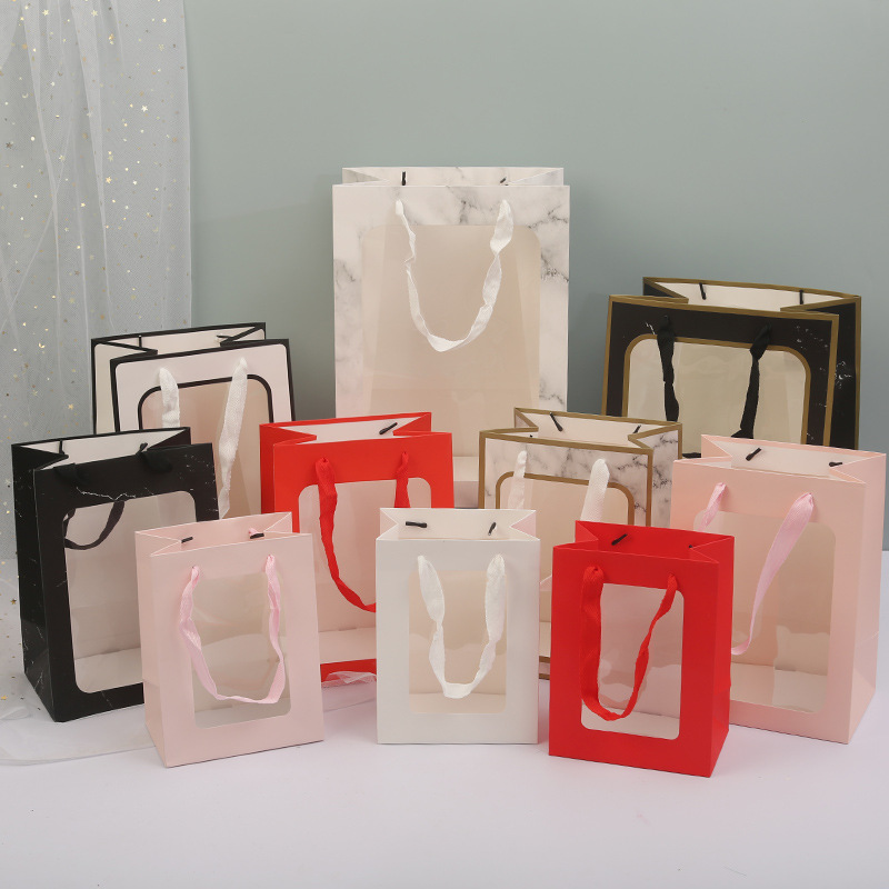 ins Style Flower Gift Packaging Bag Transparent Window Handbag Valentine's Day Window Paper Bag Hand Gift Bag