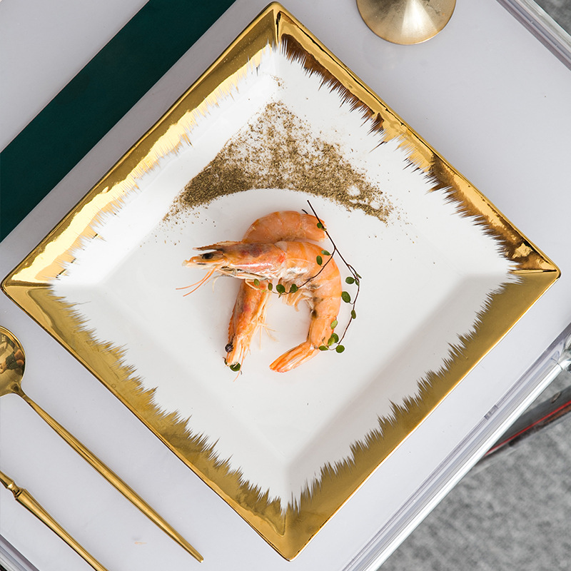 Simple light luxury Western plate steak cake snack plate restaurant banquet household dish golden edge ceramic plate fruit plate