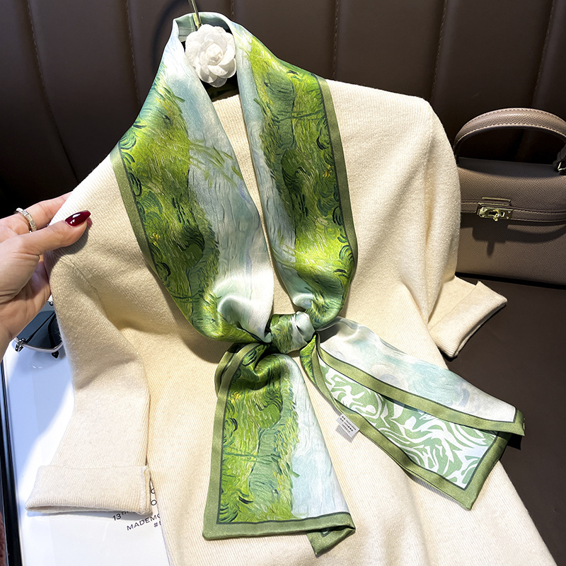 Hangzhou silk scarf green national wind mulberry silk ribbon women's spring and autumn with double silk long scarf 150*15cm scarf