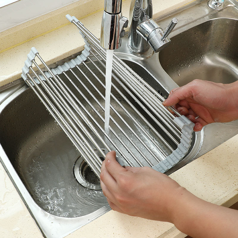 304 Stainless Steel Sink Drain Rack Foldable Silicone Dish Water Rack Sink Roller Shutter Dishwashing Rack