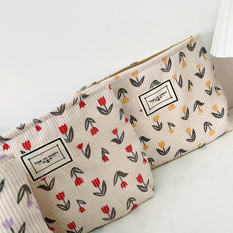 Corduroy Cosmetic Bag Women's New Mori Flower Clutch Bag Portable Travel Storage Bag Zipper Wash Bag