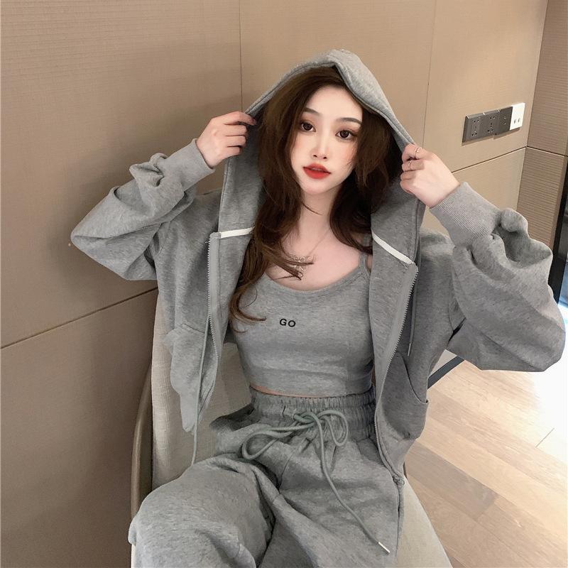 2025 Early Spring Hong Kong Style New Leisure Sports suit Women's Trousers Zipper Sweatshirt Jacket Women's Sling Three-Piece Trendy