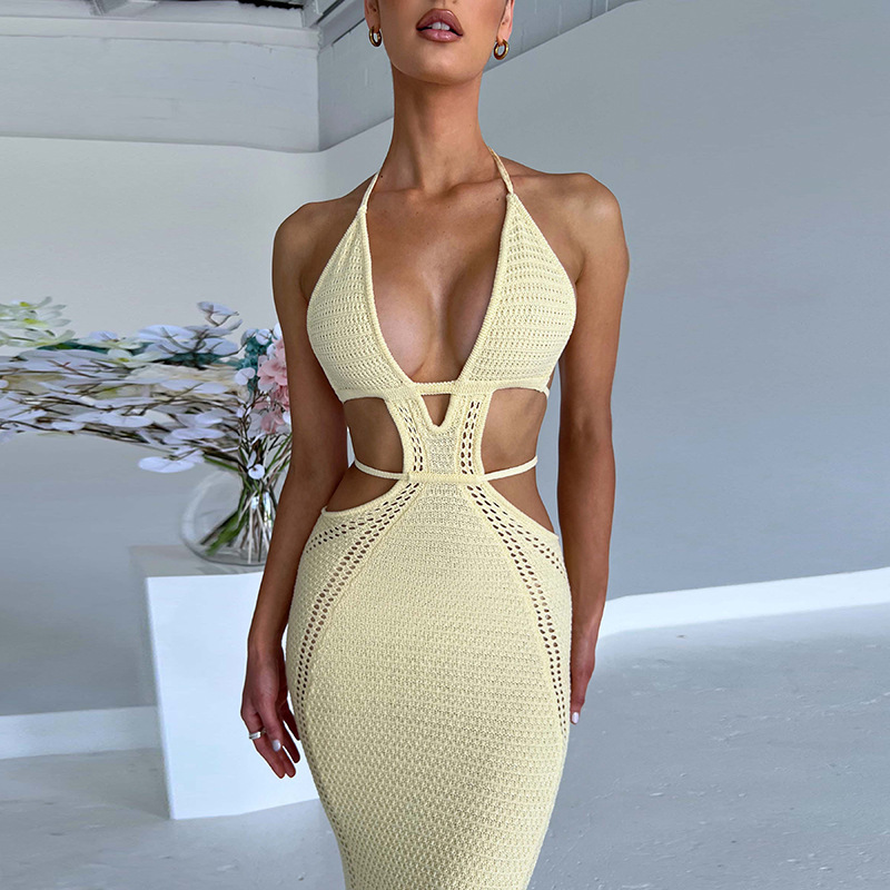 European and American ins Style Hot Sale New Sexy Street Style Pure Desire Hanging Neck Wrap Chest Hollow Stitching Lace-Up Dress for Women