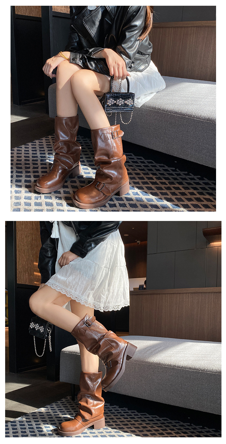 Stivali con fibbia a cintura e plissettati in pile per donna 2023 nuovi stivali retrò con tacco spesso e plateau a metà polpaccio stivali da sigaretta alla moda di strada_voghion.com